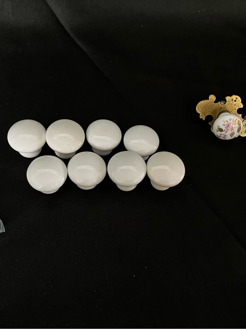 Lot of 10 Vintage White Ceramic Cabinet Knobs Rose Knobs Brass Backplates
